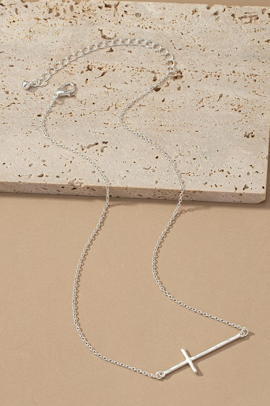 Hammered Sideways Cross Necklace