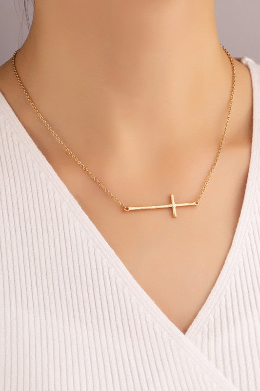 Hammered Sideways Cross Necklace